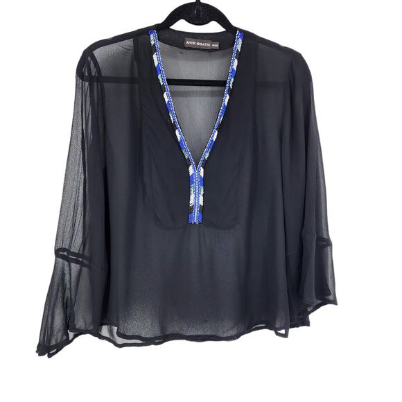 Antik Batik Black Chiffon Beaded V-Neck Long Sleeve Bohemian Blouse Size Medium - Picture 1 of 5